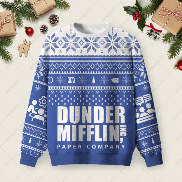 Dunder Mifflin Holiday Spirit Blue Ugly Christmas Fuzzy Fleece Sweatshirt