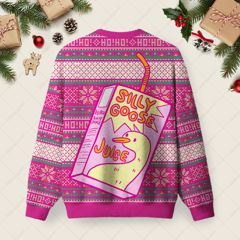 Silly Goose Juice Party Pink Christmas Fuzzy Fleece Sweatshirt