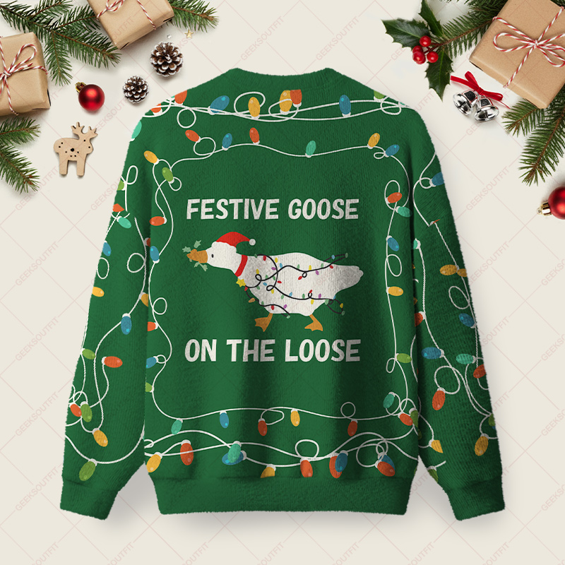 Festive Goose Escape Ugly Christmas Fuzzy Fleece Sweatshirt