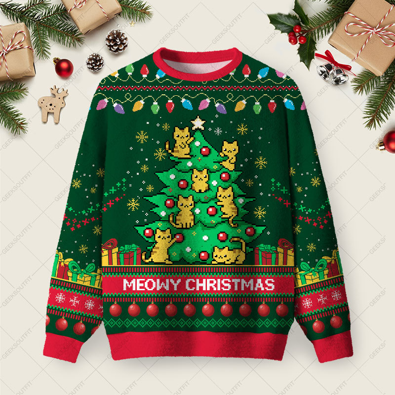 Geeksoutfit Meowy Christmas Ugly Christmas Fuzzy Fleece Sweatshirt for Sale