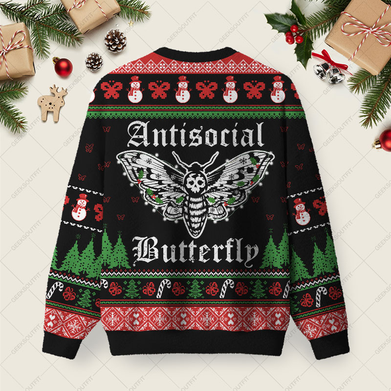 Antisocial Butterfly Ugly Christmas Fuzzy Fleece Sweatshirt