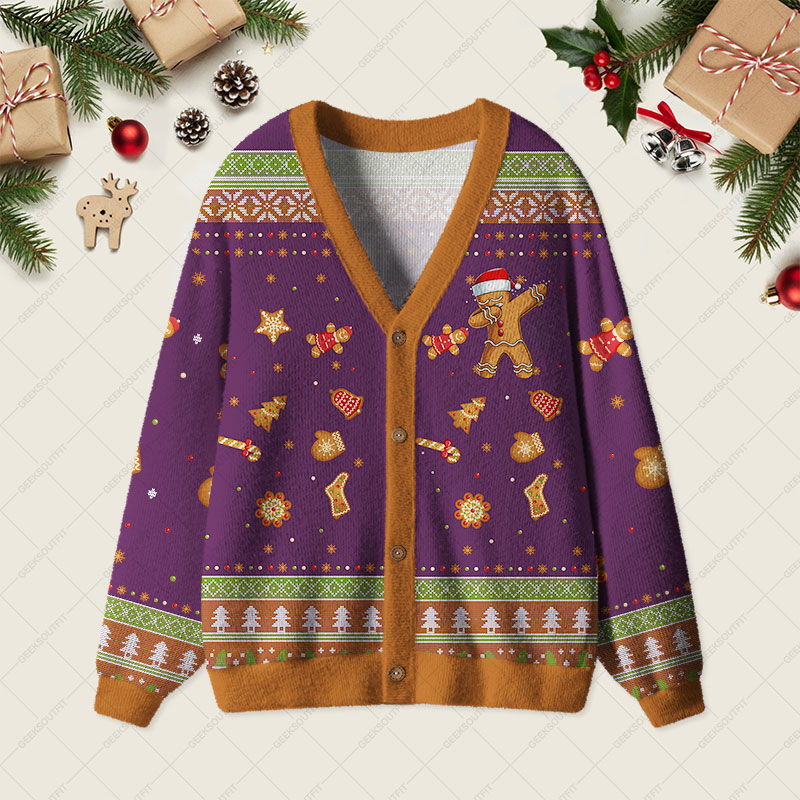 Gingerbread Dabbing Dance Christmas Purple Geek Ugly Cardigan Sweaters 