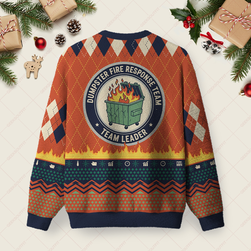 Dumpster Fire Response Team Red Ugly Christmas Fuzzy Fleece Sweatshirt