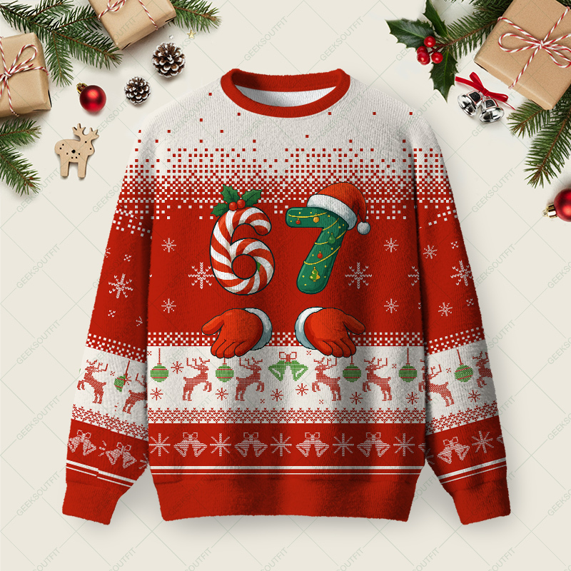 Geeksoutfit For 67 Red Ugly Christmas Fuzzy Fleece Sweatshirt for Sale