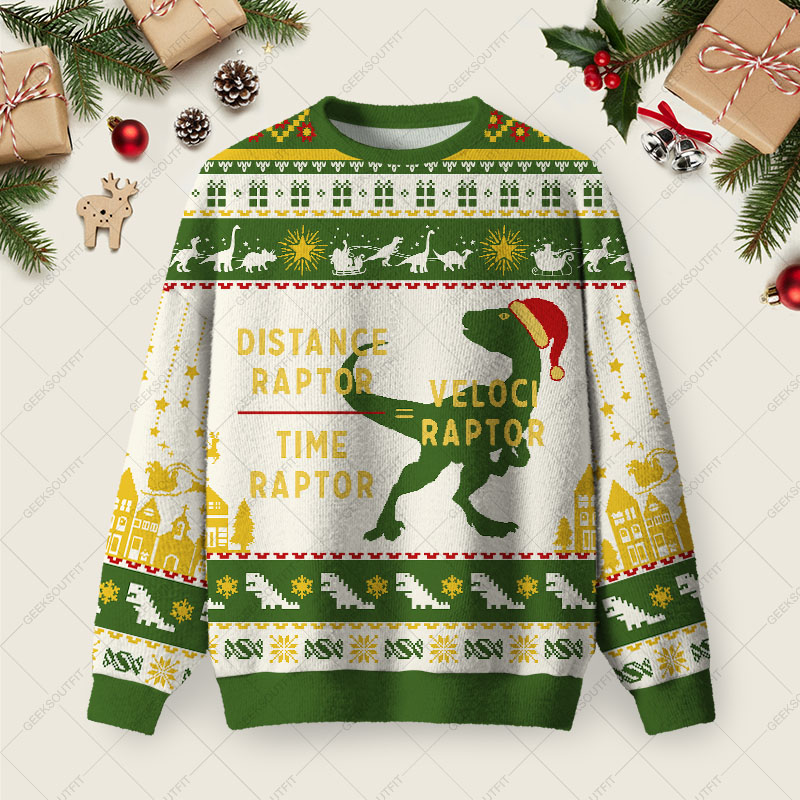 Equations Of Motion Science Velociraptor Ugly Christmas Fuzzy Fleece Sweatshirt