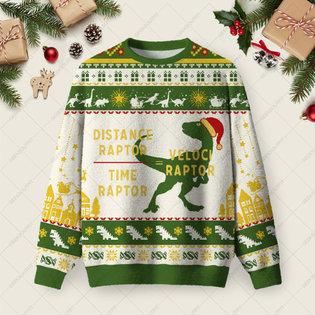 Equations Of Motion Science Velociraptor Ugly Christmas Fuzzy Fleece Sweatshirt