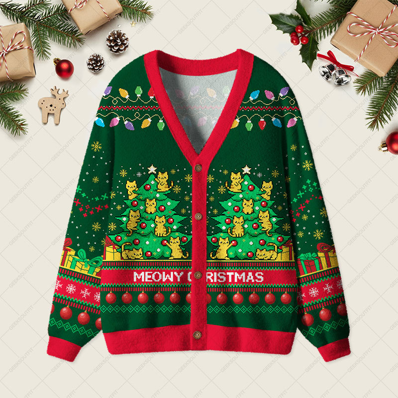 Geeksoutfit Meowy Christmas Geek Ugly Cardigan Sweaters for Sale