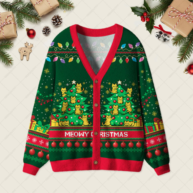 Meowy Christmas Geek Ugly Cardigan Sweaters 