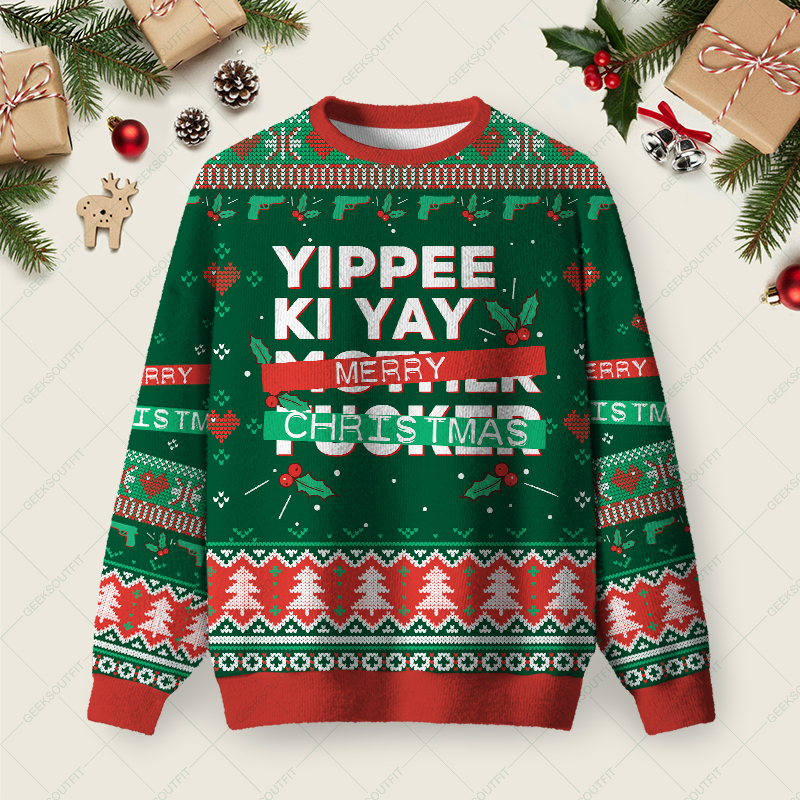 Geeksoutfit Yippee Ki Yay Merry Christmas Ugly Christmas Fuzzy Fleece Sweatshirt for Sale