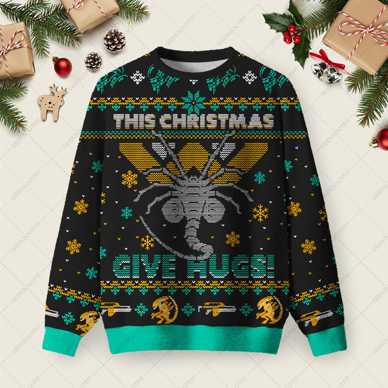 Geeksoutfit This Christmas Give Hugs Ugly Christmas Fuzzy Fleece Sweatshirt for Sale