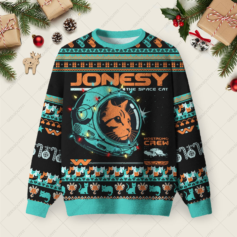 Jonesy The Space Cat Ugly Christmas Fuzzy Fleece Sweatshirt