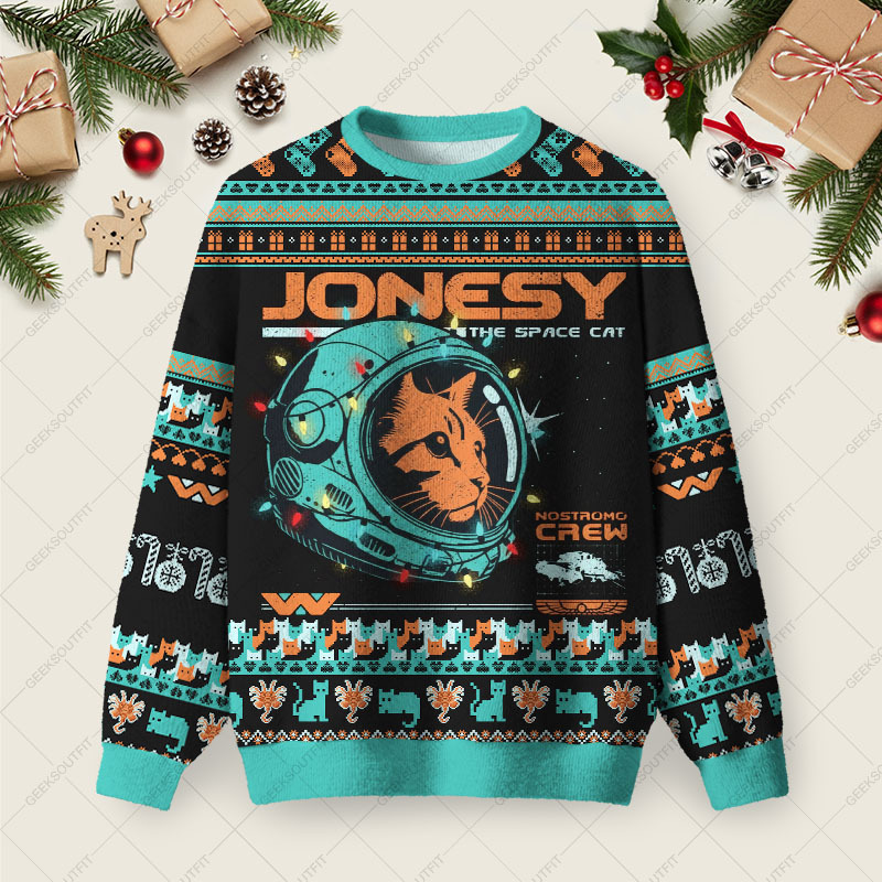 Geeksoutfit Jonesy The Space Cat Ugly Christmas Fuzzy Fleece Sweatshirt for Sale