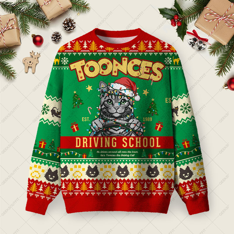 Geeksoutfit Toonces the Driving Cat Ugly Christmas Fuzzy Fleece Sweatshirt for Sale