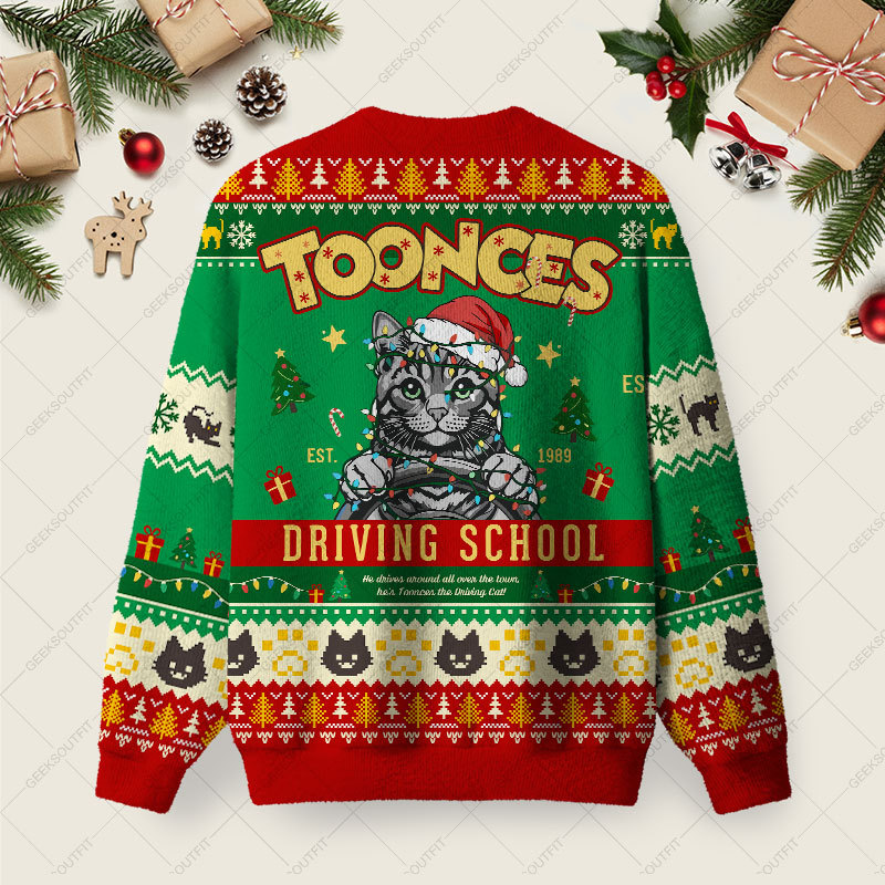 Toonces the Driving Cat Ugly Christmas Fuzzy Fleece Sweatshirt