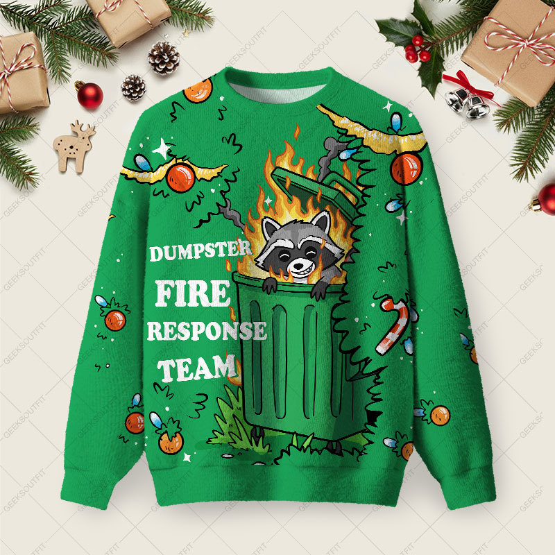 Geeksoutfit Dumpster Fire Response Team Humour Ugly Christmas Fuzzy Fleece Sweatshirt for Sale