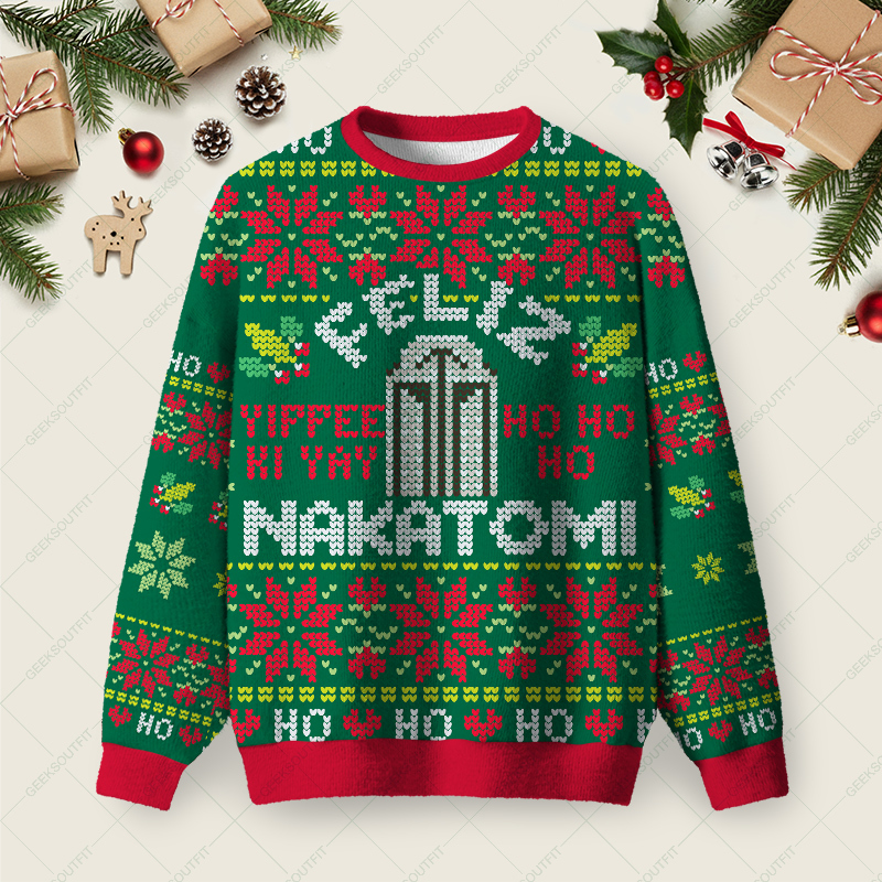 Geeksoutfit Nakatomi Holiday Heist Ugly Christmas Fuzzy Fleece Sweatshirt for Sale