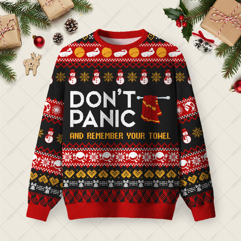 Don't Panic Ugly Christmas Fuzzy Fleece Sweatshirt