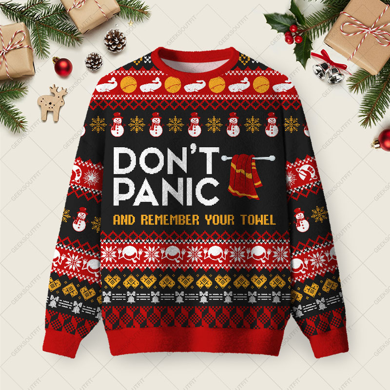 Geeksoutfit Don't Panic Ugly Christmas Fuzzy Fleece Sweatshirt for Sale