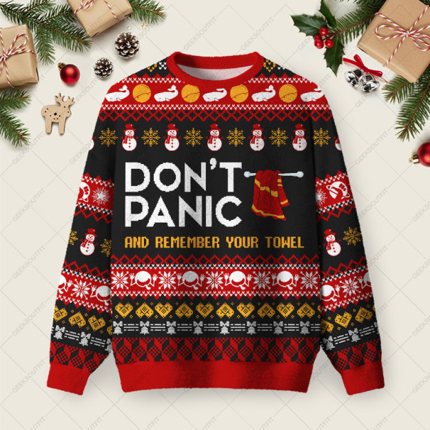 Don't Panic Ugly Christmas Fuzzy Fleece Sweatshirt
