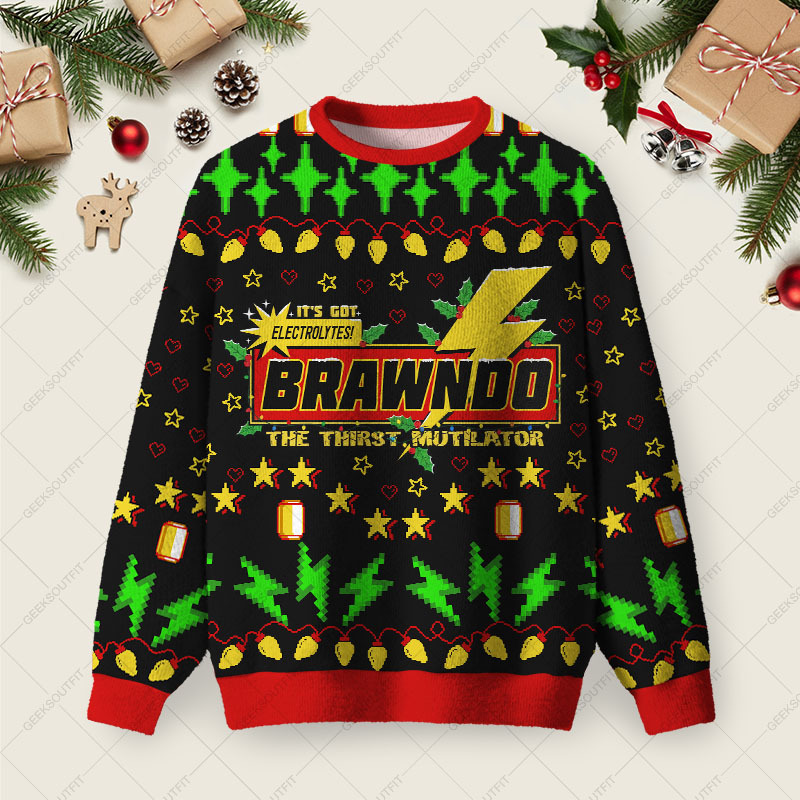 Geeksoutfit Brawndo – The Thirst Mutilator Ugly Christmas Fuzzy Fleece Sweatshirt for Sale