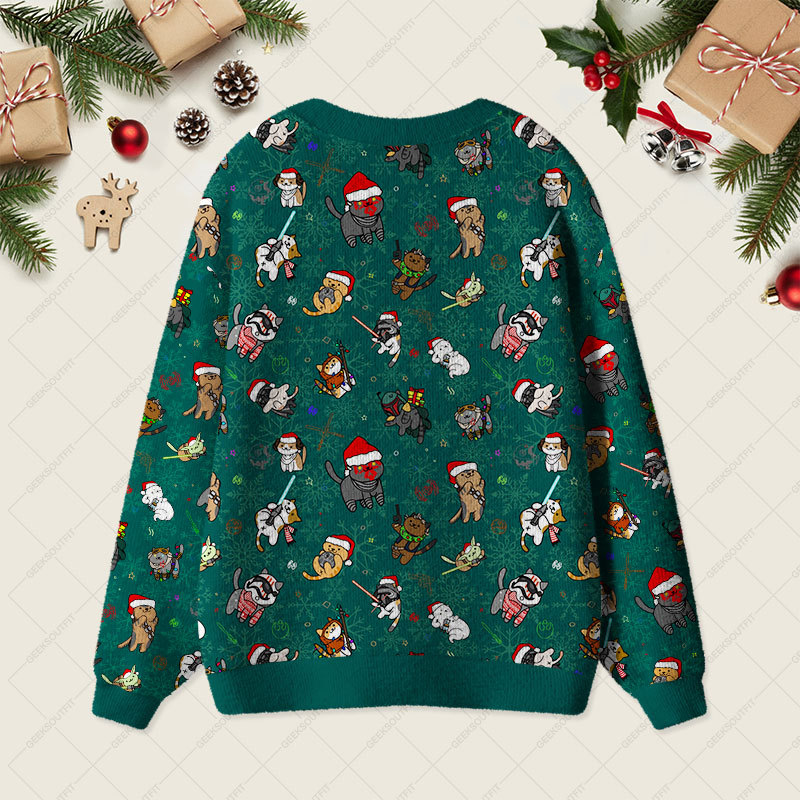 Christmas Light Sword Cat Geek Ugly Cardigan Sweaters 