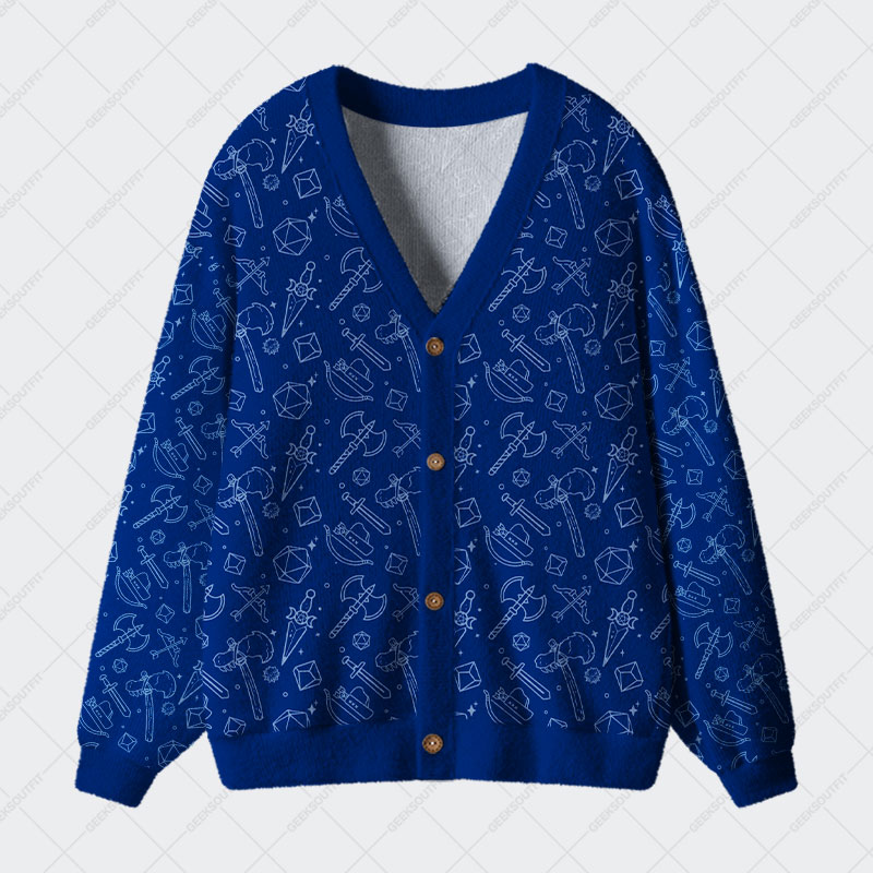D&D Medieval Weapons Blue Geek Ugly Cardigan Sweaters 