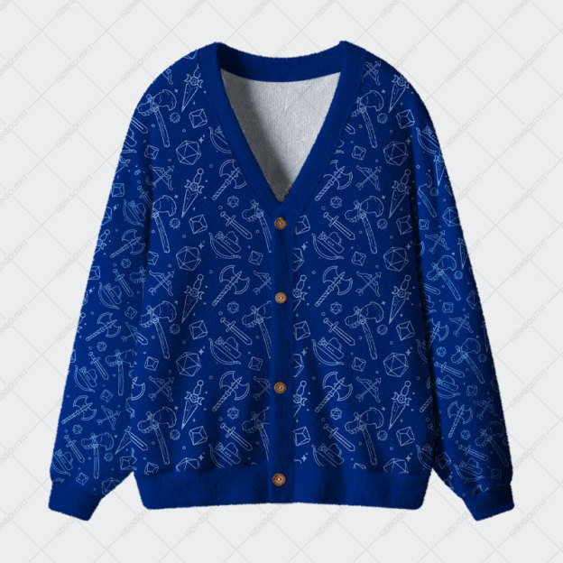 D&D Medieval Weapons Blue Geek Ugly Cardigan Sweaters 