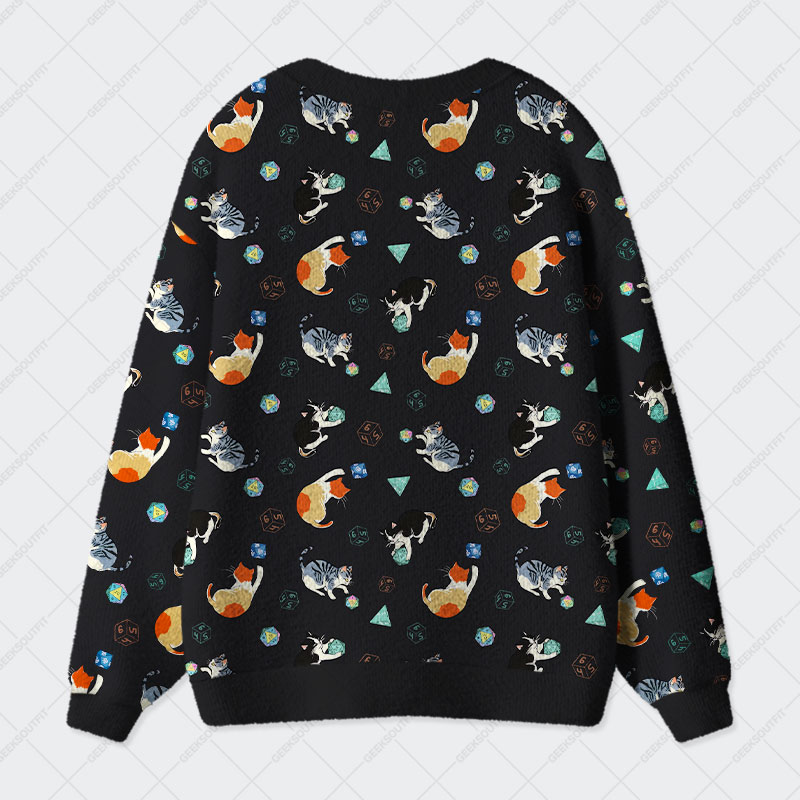 Feline Fun with DnD Dice Black Geek Ugly Cardigan Sweaters 
