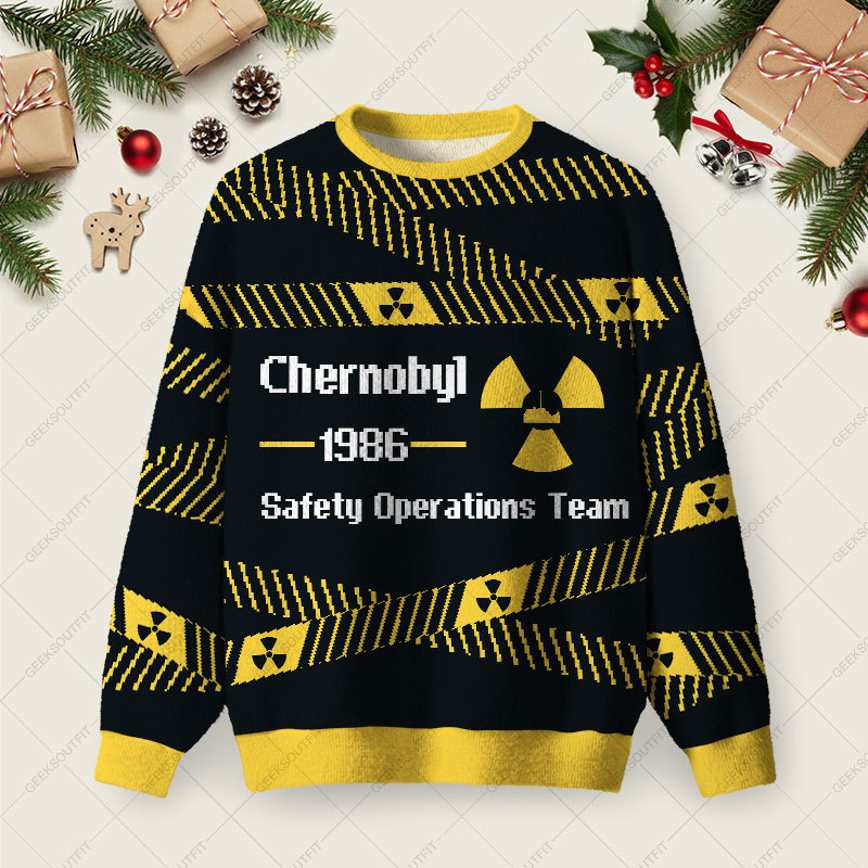 Geeksoutfit Chernobyl 1986 Yellow Tape Ugly Christmas Fuzzy Fleece Sweatshirt for Sale