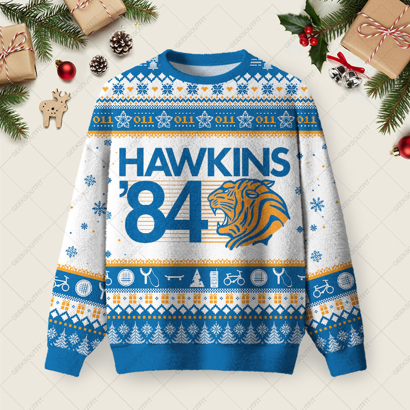 Geeksoutfit Hawkins 84 Ugly Christmas Fuzzy Fleece Sweatshirt for Sale