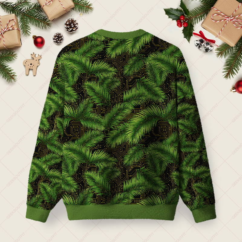 Palm Leaf Circuit Board Ugly Christmas Fuzzy Fleece Sweatshirt
