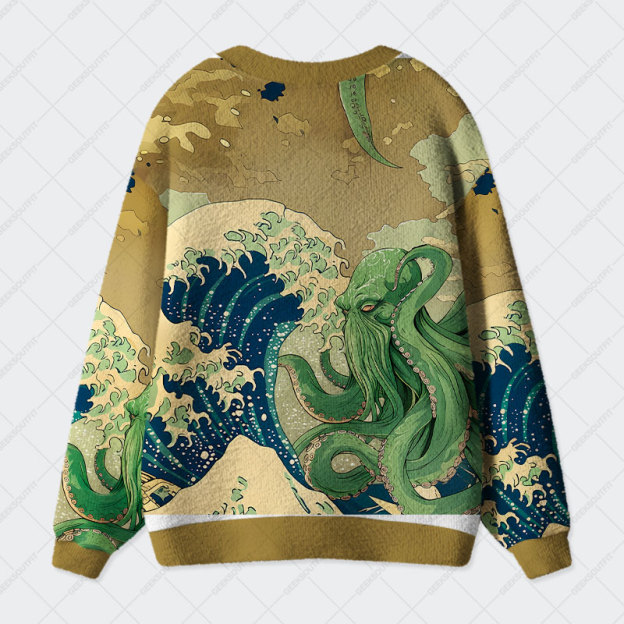 Ukiyoe Waves Cthulhu Geek Ugly Cardigan Sweaters 