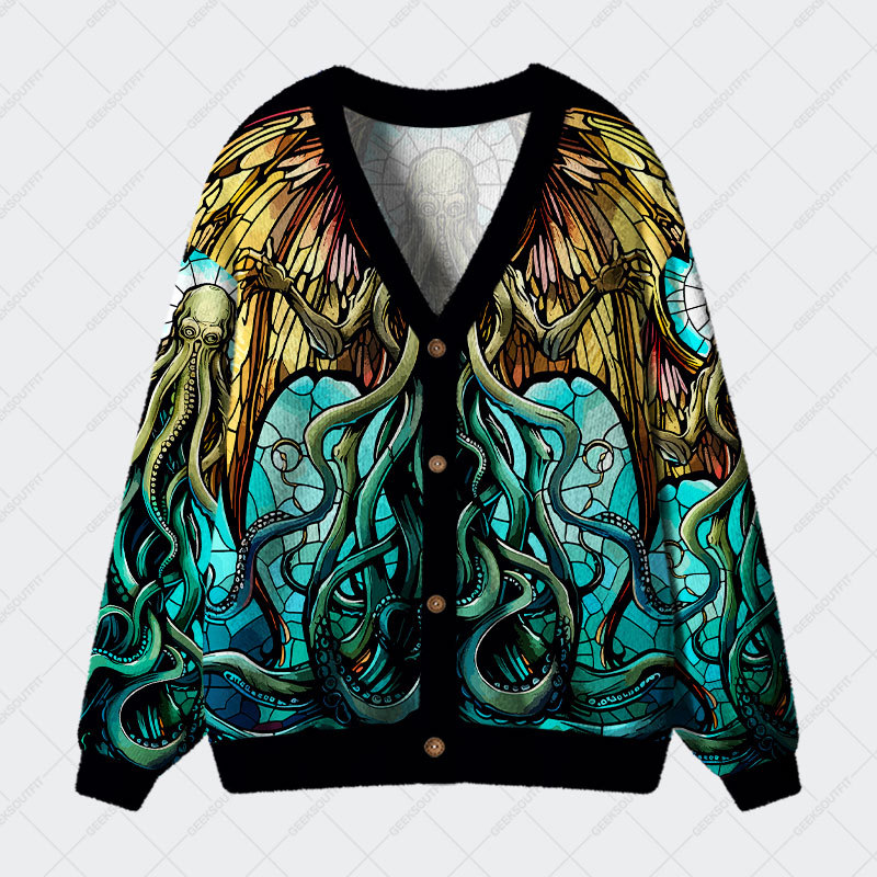 Geeksoutfit Stained Glass Style Cthulhu Geek Ugly Cardigan Sweaters for Sale