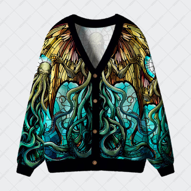 Stained Glass Style Cthulhu Geek Ugly Cardigan Sweaters 