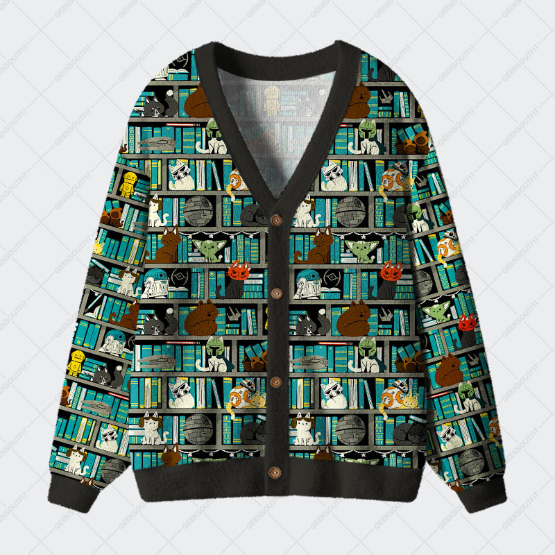 Geeksoutfit Sci-Fi Universe Bookshelf Geek Ugly Cardigan Sweaters for Sale