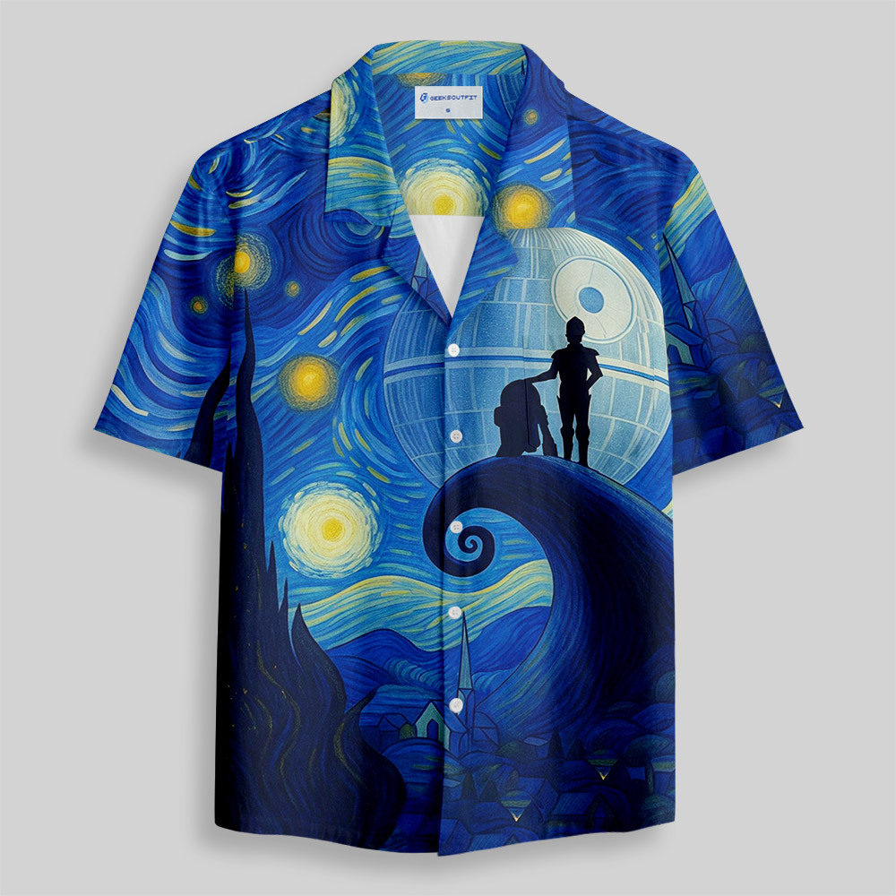 Robot Under The Starry Night Button Up Pocket Shirt