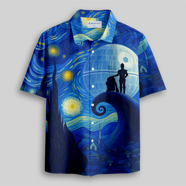 Robot Under The Starry Night Button Up Pocket Shirt