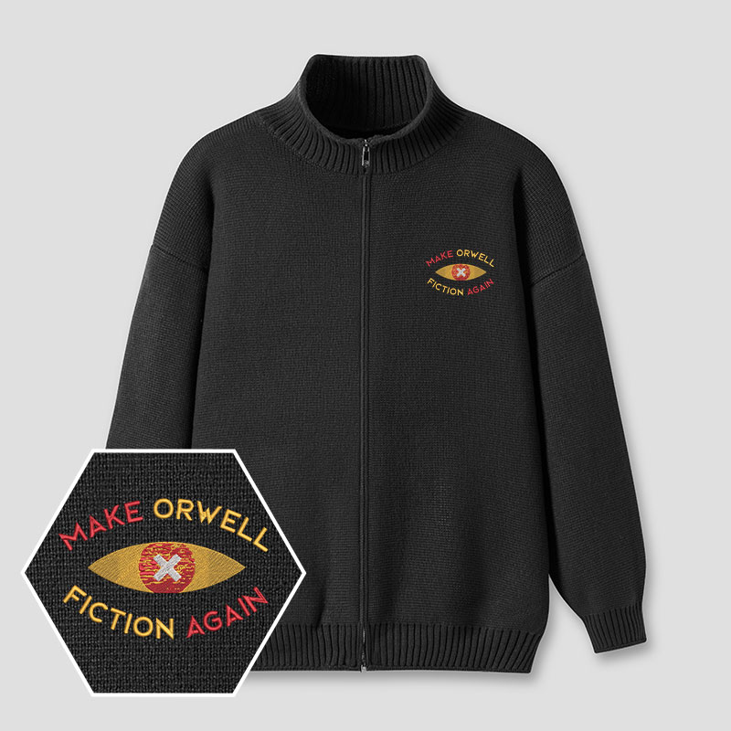 Make Orwell Fiction Again Embroidered Full‑Zip Cardigan