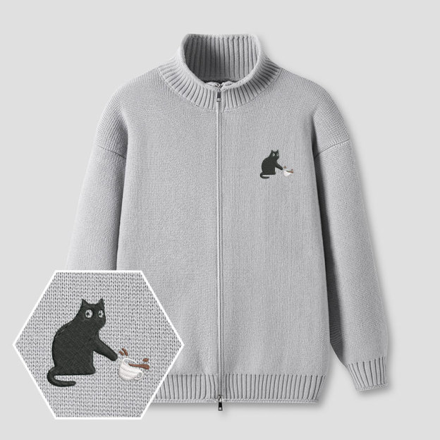 Playful Cat Embroidered Full‑Zip Cardigan