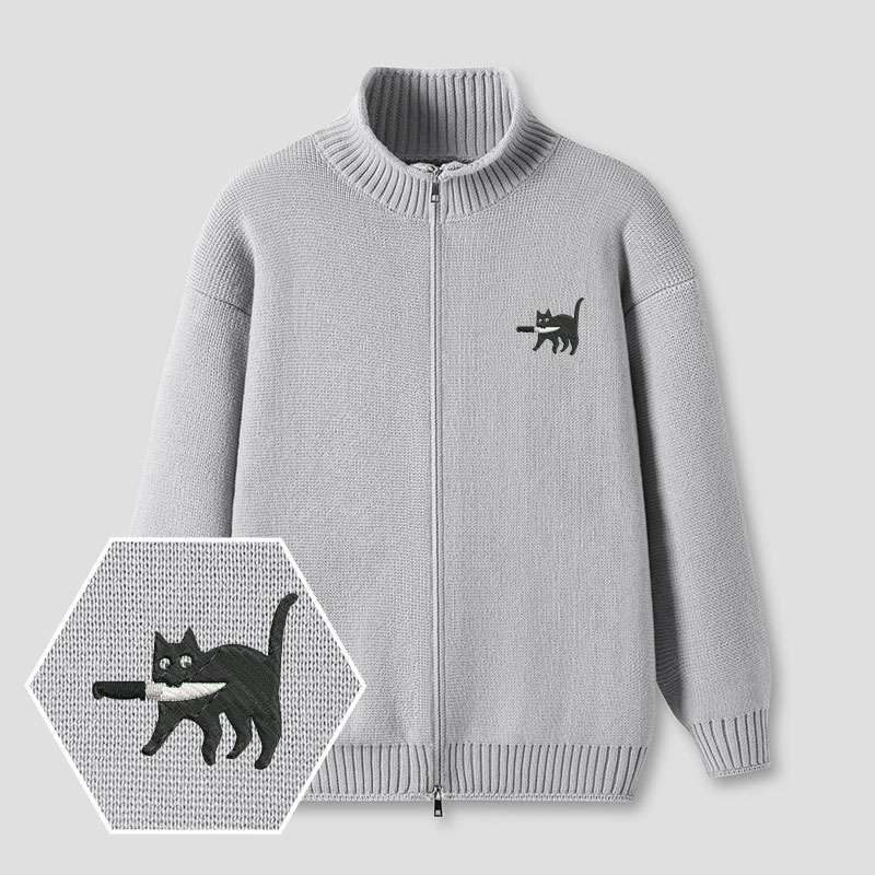 Samurai Cat Embroidered Full‑Zip Cardigan