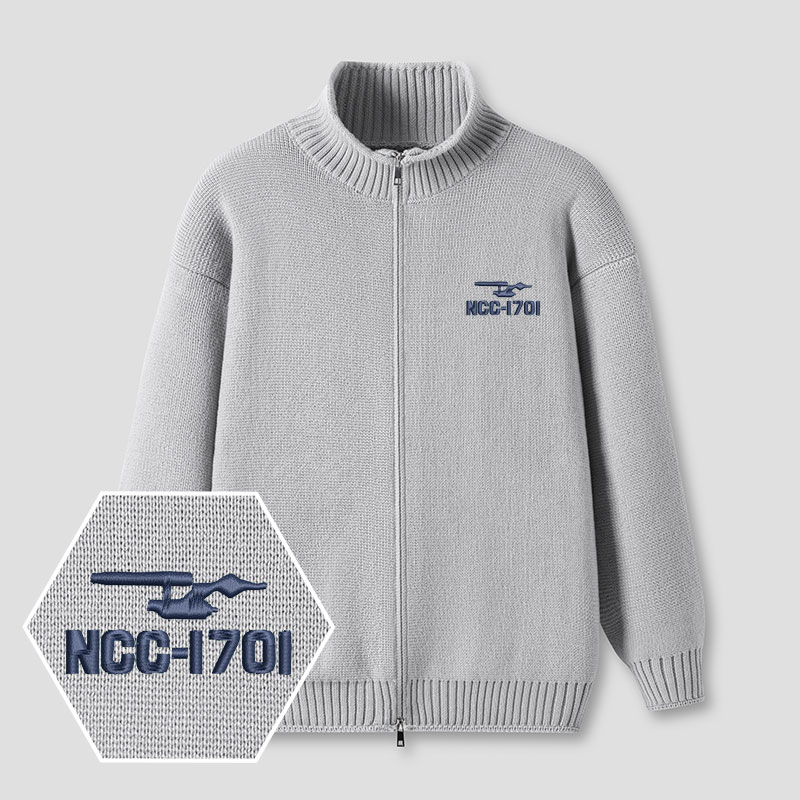Scifi Spacecraft Embroidered Full‑Zip Cardigan