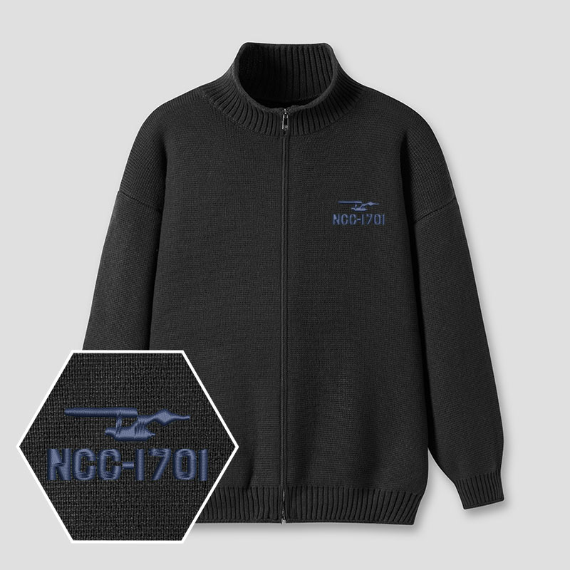 Scifi Spacecraft Embroidered Full‑Zip Cardigan