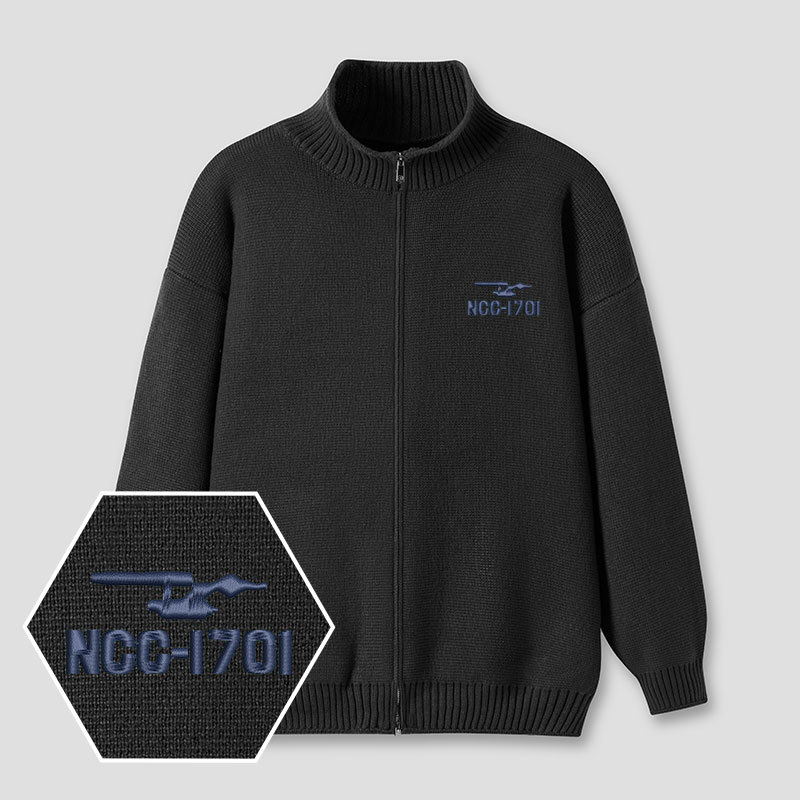 Scifi Spacecraft Embroidered Full‑Zip Cardigan