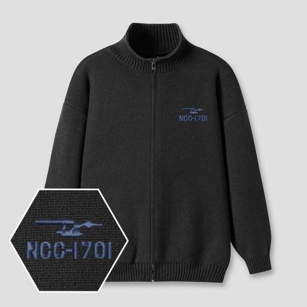 Scifi Spacecraft Embroidered Full‑Zip Cardigan