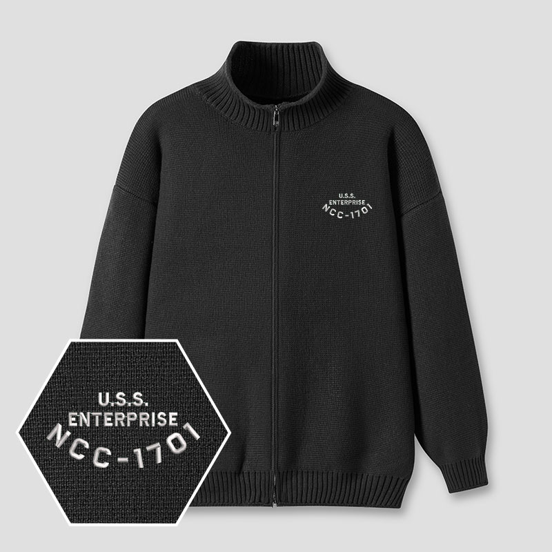 Scifi Spacecraft Embroidered Full‑Zip Cardigan