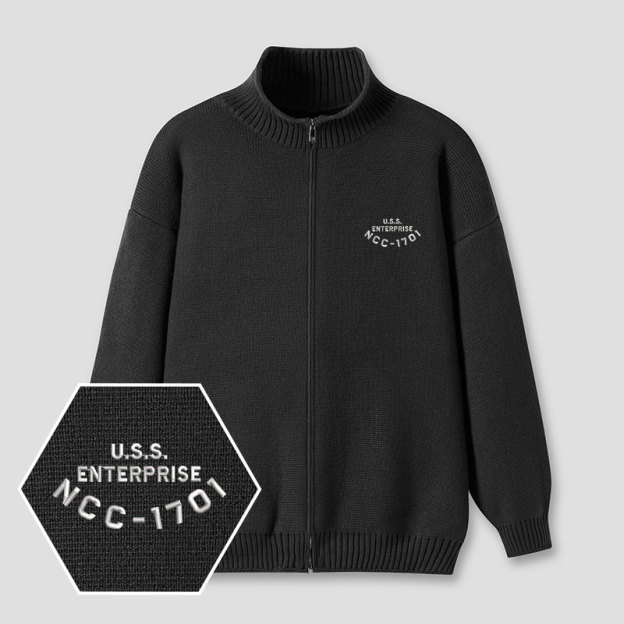 Scifi Spacecraft Embroidered Full‑Zip Cardigan