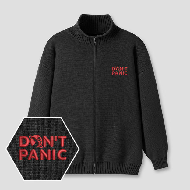 Don't Panic Embroidered Full‑Zip Cardigan