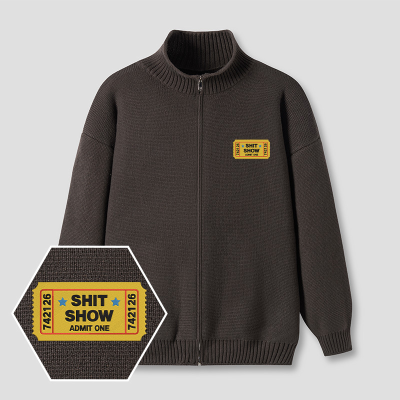 Shit Show Ticket Embroidered Full‑Zip Cardigan