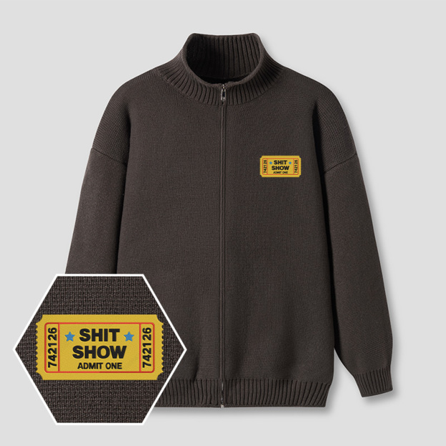 Shit Show Ticket Embroidered Full‑Zip Cardigan