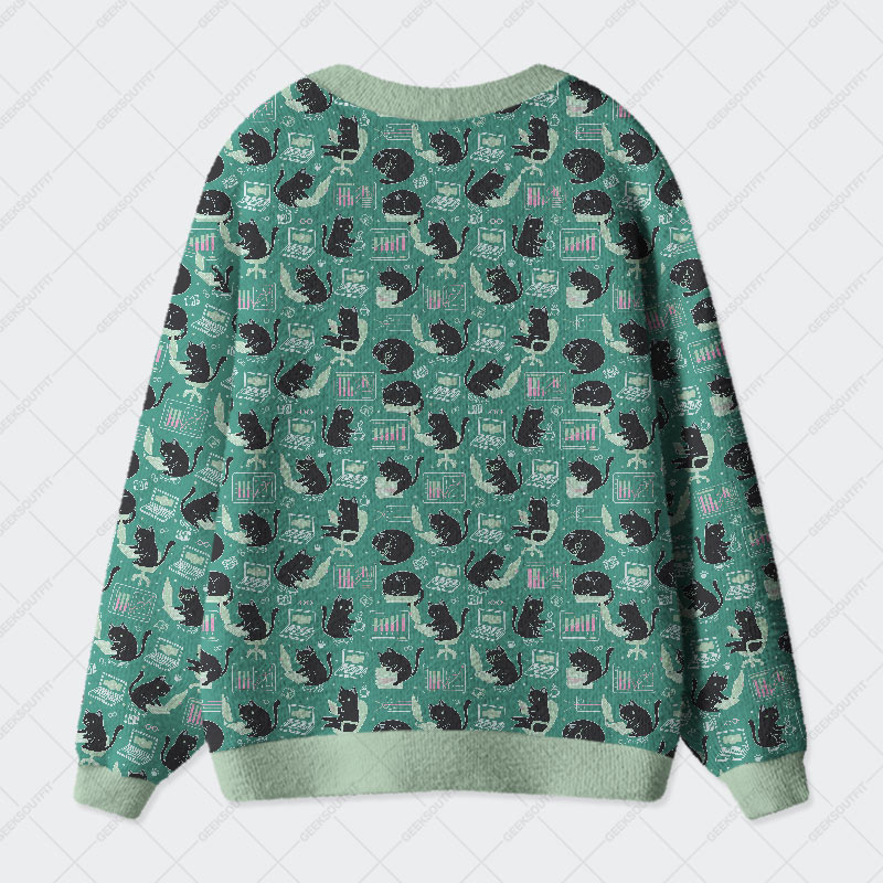 Cat Pattern With Data Print Geek Ugly Cardigan Sweaters 